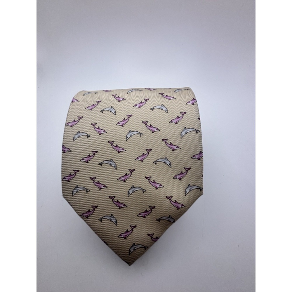 Pierre Cardin Men's Silk Tie Necktie Cream With Pink Dolphins 4" X 58"